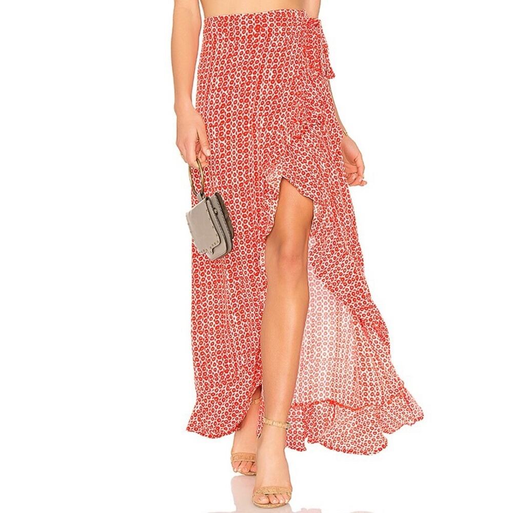Cleobella Fire Red & White Evangeline Ruffle Maxi Wrap Skirt Size L